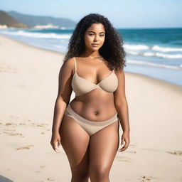 Create an image of a 24-year-old woman with brown skin and Latino features, short in height, size 34DD, curvy, wearing only underwear, on a beach