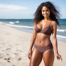 Create an image of a 24-year-old woman with brown skin and Latino features, short in height, size 34DD, curvy, wearing only underwear, on a beach