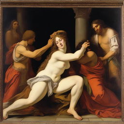 A detailed Renaissance painting depicting the biblical scene of Delilah cutting Samson's hair