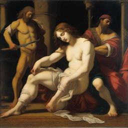 A detailed Renaissance painting depicting the biblical scene of Delilah cutting Samson's hair