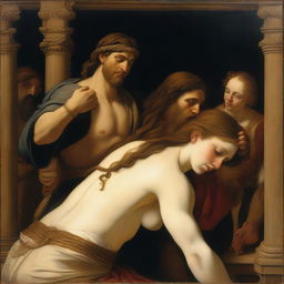 A detailed Renaissance painting depicting the biblical scene of Delilah cutting Samson's hair