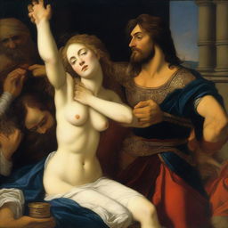 A detailed Renaissance painting depicting the biblical scene of Delilah cutting Samson's hair