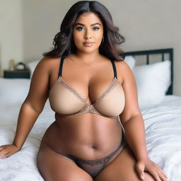 Create an image of a 24-year-old woman with brown skin and Latino features, short in height, size 34DD, curvy, wearing only underwear, on her bed