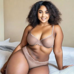 Create an image of a 24-year-old woman with brown skin and Latino features, short in height, size 34DD, curvy, wearing only underwear, on her bed