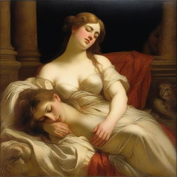 A romantic era painting depicting Delilah with Samson's head resting in her lap