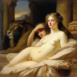 A romantic era painting depicting Delilah with Samson's head resting in her lap