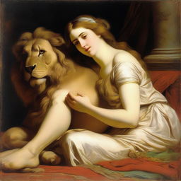 A romantic era painting depicting Delilah with Samson's head resting in her lap