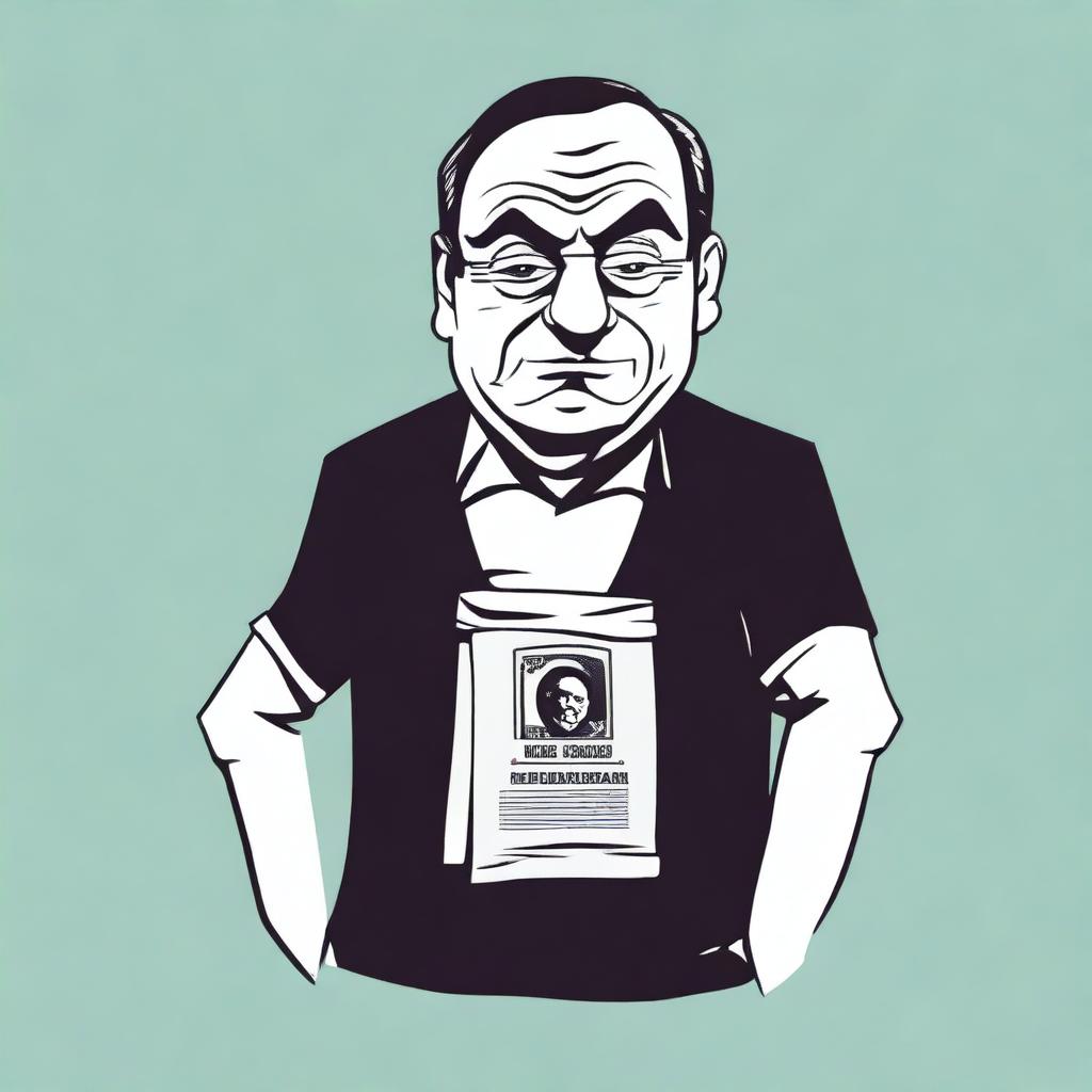 A simple t-shirt design featuring a caricature of a corrupt person