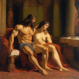 A detailed painting of Samson and Delilah from the biblical story