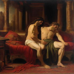 A detailed painting of Samson and Delilah from the biblical story