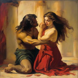 A detailed painting of Delilah cutting Samson's hair, capturing the dramatic moment with intricate brush strokes and vibrant colors