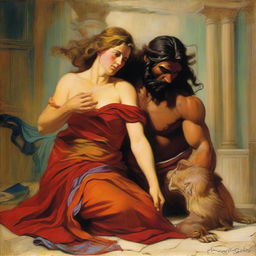 A detailed painting of Delilah cutting Samson's hair, capturing the dramatic moment with intricate brush strokes and vibrant colors