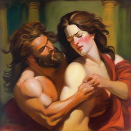 A detailed painting of Delilah cutting Samson's hair, capturing the dramatic moment with intricate brush strokes and vibrant colors