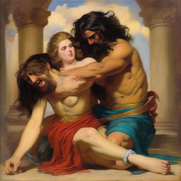 A detailed painting of Delilah cutting Samson's hair, capturing the dramatic moment with intricate brush strokes and vibrant colors