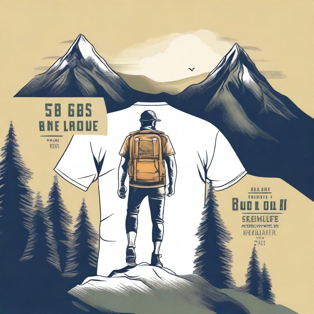 A t-shirt design featuring a hiker with a motivational quote