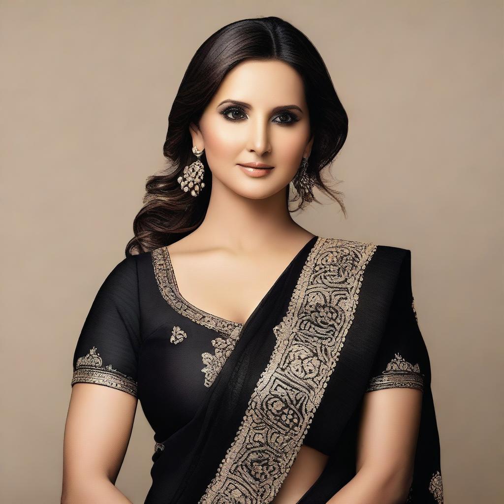 A detailed and elegant portrait of Sania Mirza wearing a black saree