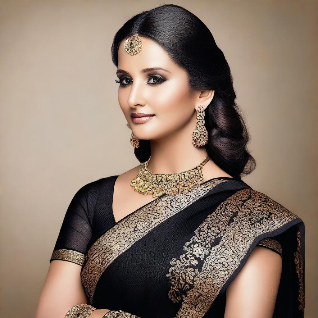 A detailed and elegant portrait of Sania Mirza wearing a black saree