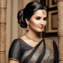 A detailed and elegant portrait of Sania Mirza wearing a black saree