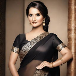 A detailed and elegant portrait of Sania Mirza wearing a black saree