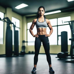 A confident Indian woman athlete standing strong in a gym setting