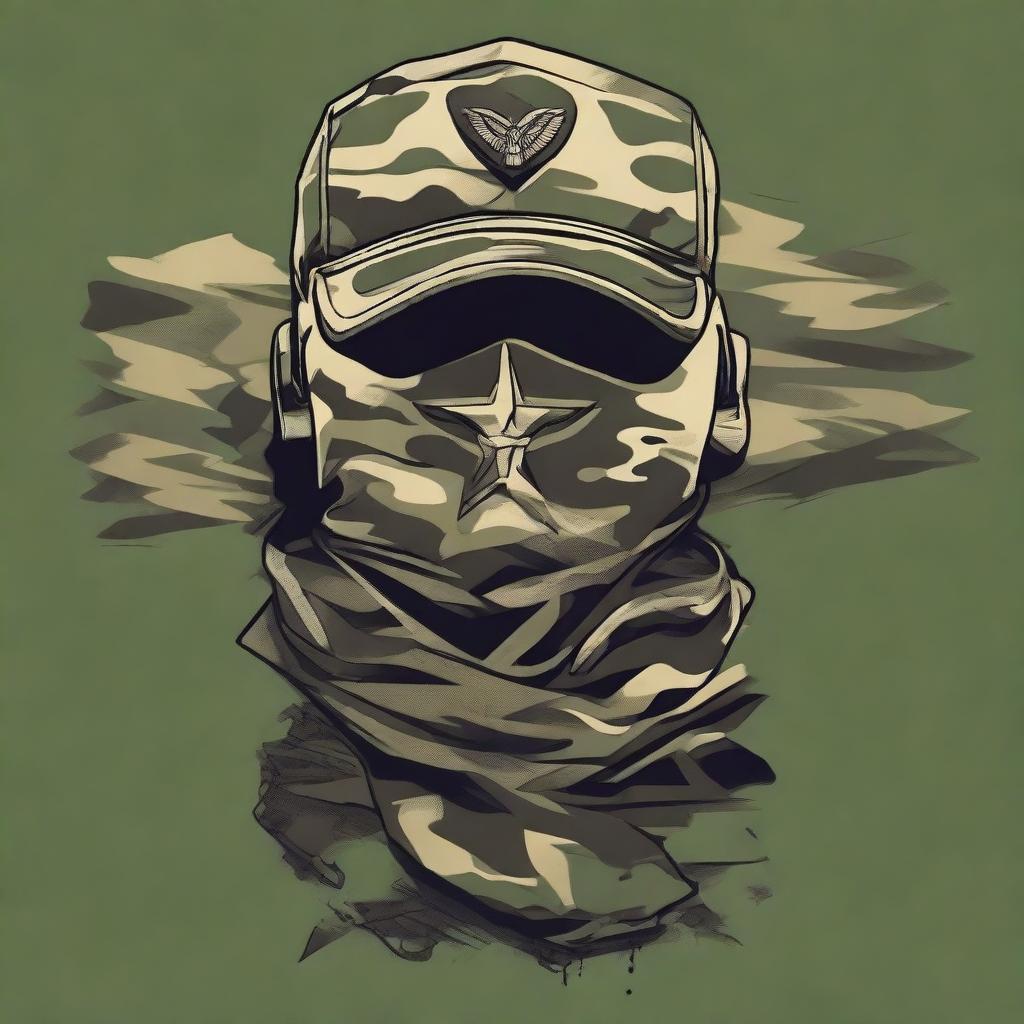 A detailed design for a military-themed t-shirt, featuring camouflage patterns, military insignia, and rugged, tactical elements