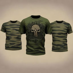 A detailed design for a military-themed t-shirt, featuring camouflage patterns, military insignia, and rugged, tactical elements