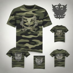 A detailed design for a military-themed t-shirt, featuring camouflage patterns, military insignia, and rugged, tactical elements