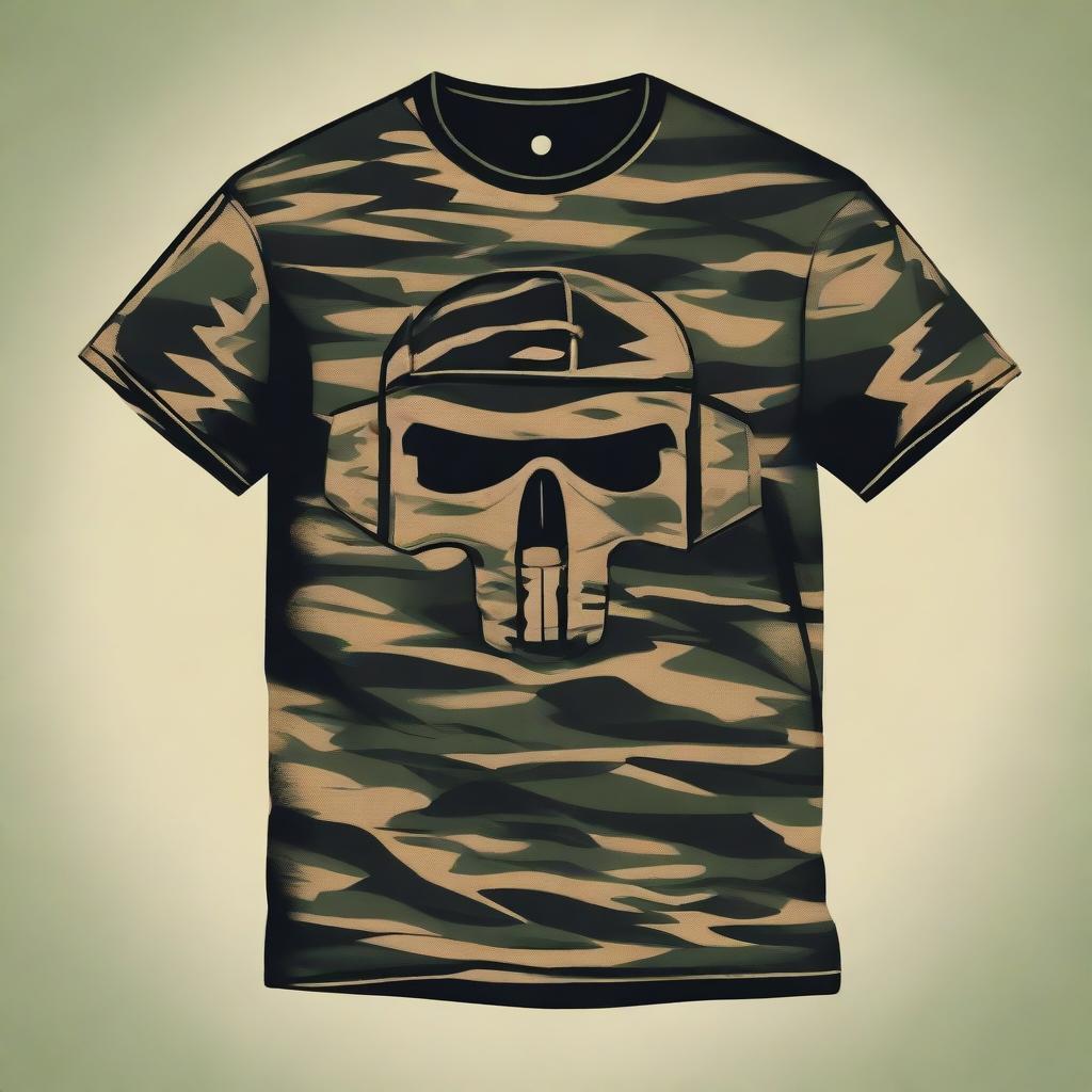 A detailed design for a military-themed t-shirt, featuring camouflage patterns, military insignia, and rugged, tactical elements