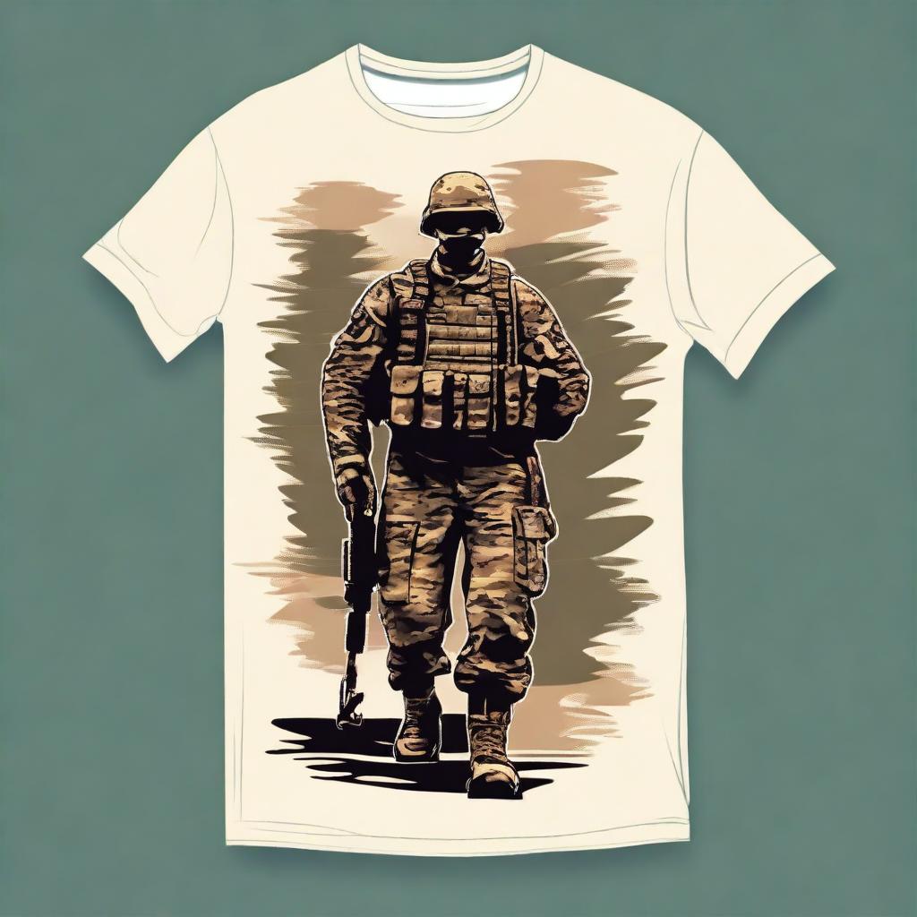 A detailed design for a t-shirt featuring an image of a soldier