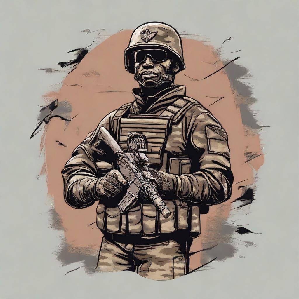 A detailed design for a t-shirt featuring an image of a soldier