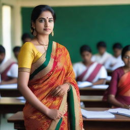 A beautiful teacher standing in a classroom, wearing a revealing saree