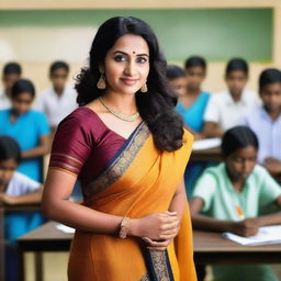 A beautiful teacher standing in a classroom, wearing a revealing saree