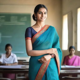 A beautiful teacher standing in a classroom, wearing a revealing saree