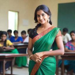 A beautiful teacher standing in a classroom, wearing a revealing saree