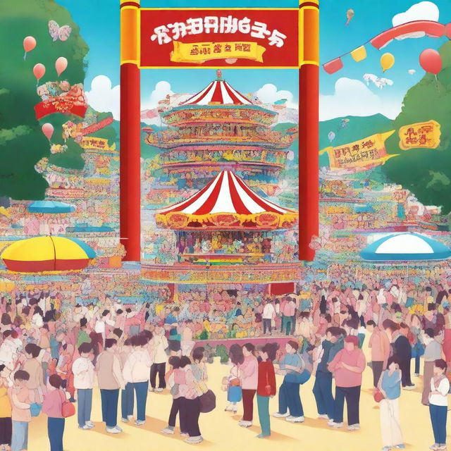 A vibrant and joyful scene at an amusement park celebrating PT Hyunjin's 8th anniversary