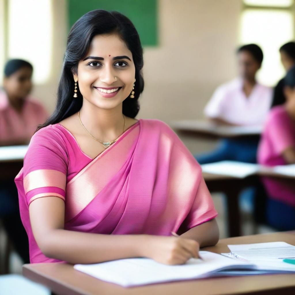 A beautiful teacher in a classroom, wearing a pink saree that is slightly revealing, smiling warmly at the viewer