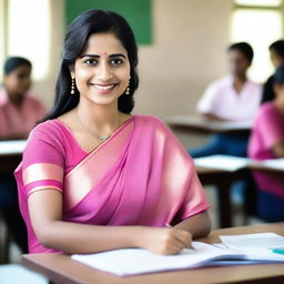 A beautiful teacher in a classroom, wearing a pink saree that is slightly revealing, smiling warmly at the viewer