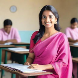 A beautiful teacher in a classroom, wearing a pink saree that is slightly revealing, smiling warmly at the viewer