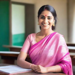 A beautiful teacher in a classroom, wearing a pink saree that is slightly revealing, smiling warmly at the viewer