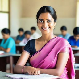 A beautiful teacher in a classroom, wearing a pink saree that is slightly revealing, smiling warmly at the viewer