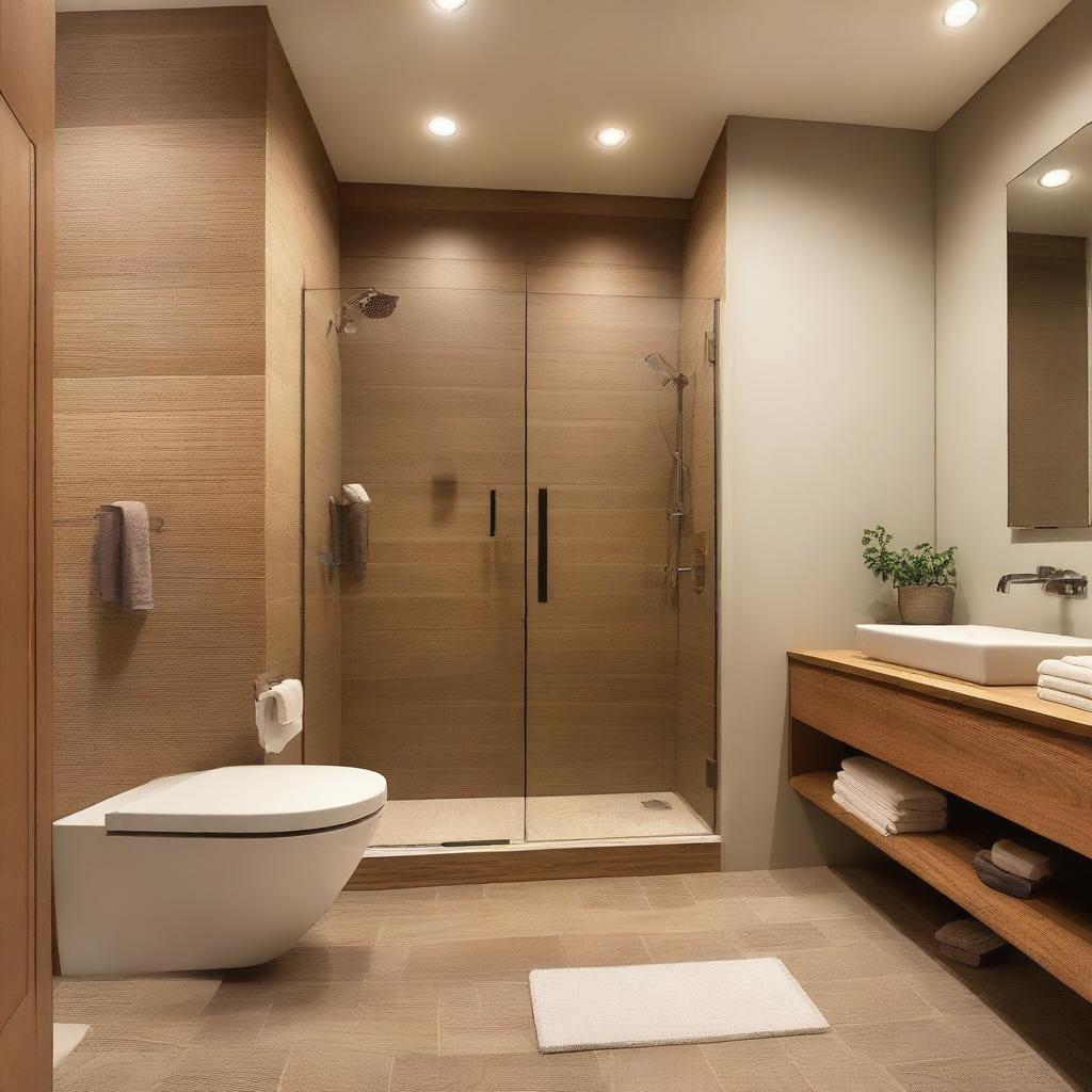 A modern bathroom with a warm and inviting atmosphere