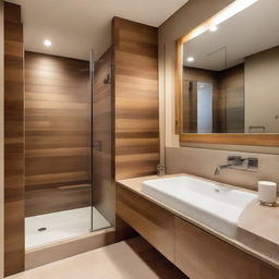 A modern bathroom with a warm and inviting atmosphere