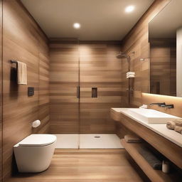 A modern bathroom with a warm and inviting atmosphere