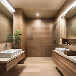 A modern bathroom with a warm and inviting atmosphere