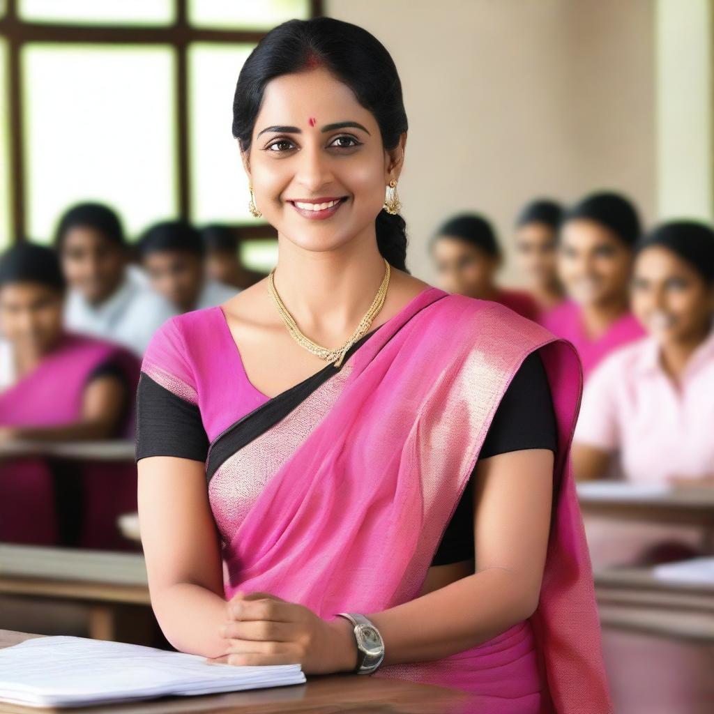 A beautiful teacher in a classroom setting, wearing a pink saree with a sleeveless black blouse