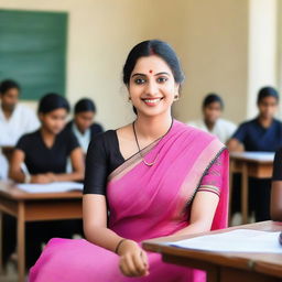 A beautiful teacher in a classroom setting, wearing a pink saree with a sleeveless black blouse