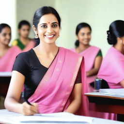 A beautiful teacher in a classroom setting, wearing a pink saree with a sleeveless black blouse