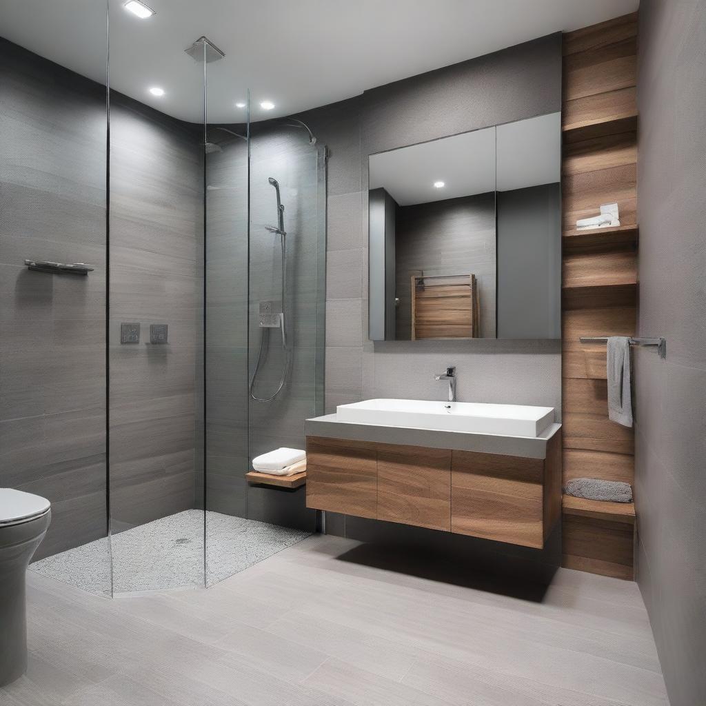 A modern bathroom with a warm and inviting atmosphere, predominantly in shades of gray