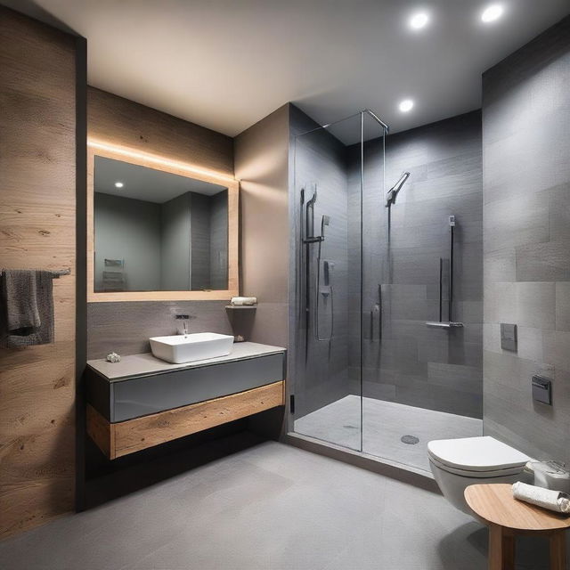 A modern bathroom with a warm and inviting atmosphere, predominantly in shades of gray