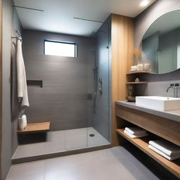 A modern bathroom with a warm and inviting atmosphere, predominantly in shades of gray